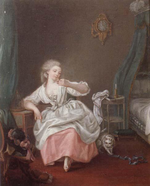 unknow artist A bedroom interior with a young girl holding a song bird oil painting image